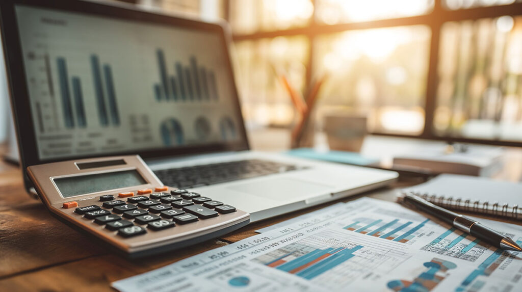 financial data on laptop and desk